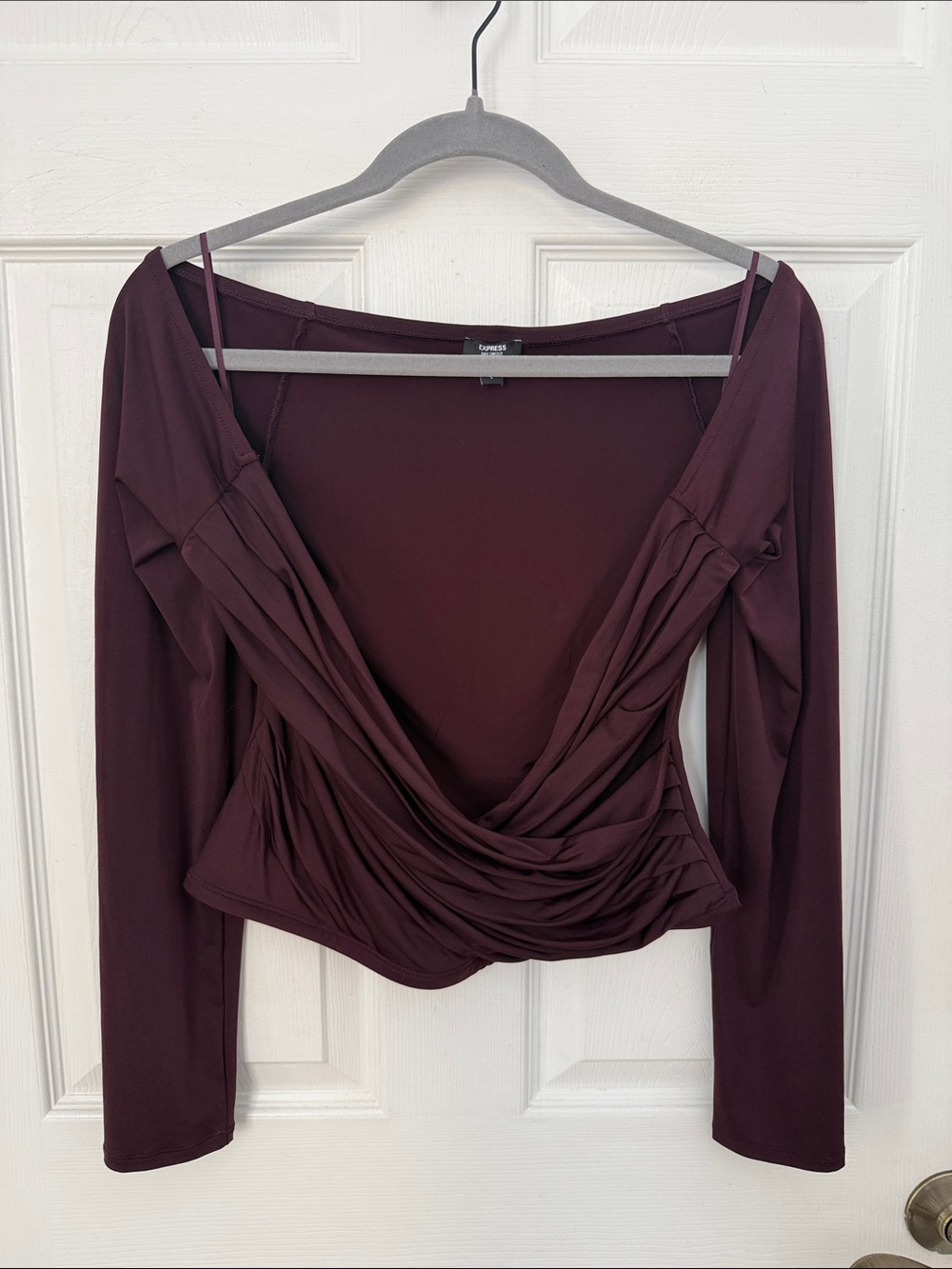 Express body contour women’s off the shoulder plum vneck long sleeve blouse